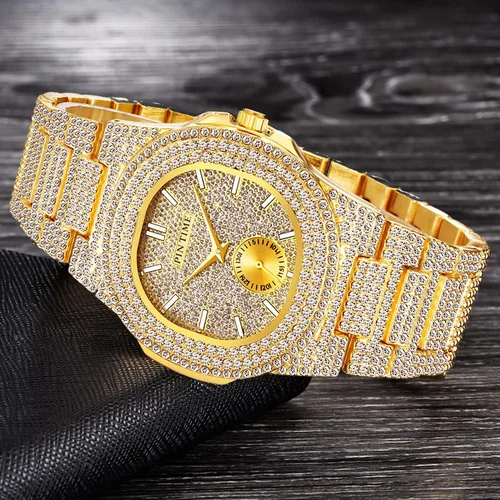 Miniatura 5 de Gosasa Reloj de pulsera unisex de cristal para hombre y mujer, reloj cubano con brillo completo, oblongo de plata/oro, reloj de pulsera de acero