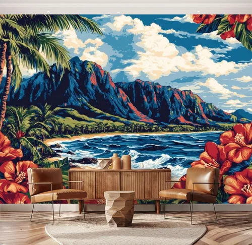 Miniatura 17 de Hawaii - Mural de pared retro exótico exótico tropical con olas de playa, paisaje, vintage, despegar y pegar, autoadhesivo, extraíble, adhesivo