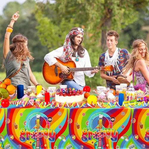 Miniatura 6 de Tiamon 3 manteles de plástico estilo hippie retro para mesa rectangular, decoraciones de fiesta de arco iris desechables para fiestas de los años 60