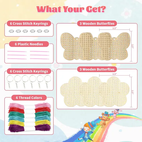 Miniatura 2 de VKPI Kits de punto de cruz de madera para niños, haz tus propios 6 llaveros de punto de cruz, kit de costura de madera, mariposas y manualidades