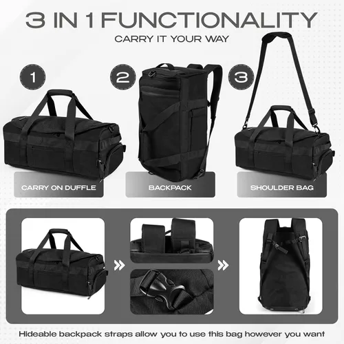 Miniatura 2 de Mochila de lona 3 en 1 con bolsillo para zapatos y portátil, portavasos, gimnasio ventilado y bolsa de viaje, Negro, Sobre el hombro/mochila/bolsa
