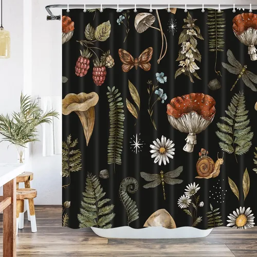Miniatura 19 de Cortina de Ducha de Hojas Tropicales, Cortina de Baño Decorativa Verde y Negra con Hojas de Palmera y Plátano, Juegos de Cortinas de Ducha de Tela