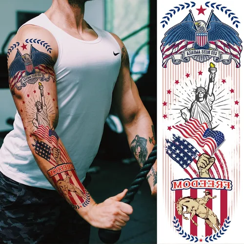 Miniatura 2 de Mangas temporales para tatuaje del 4 de julio para hombres y mujeres, 4 hojas grandes de brazo completo de Estados Unidos, patriótico 4 de julio