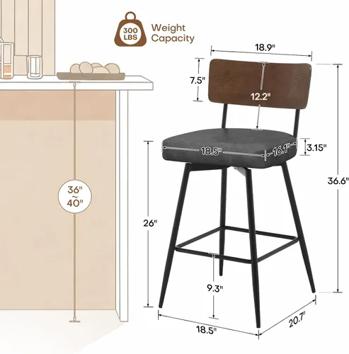 Miniatura 2 de Juego de 2 taburetes de bar giratorios de 26 pulgadas de altura de mostrador con respaldo de madera, taburetes de bar tapizados de piel sintética