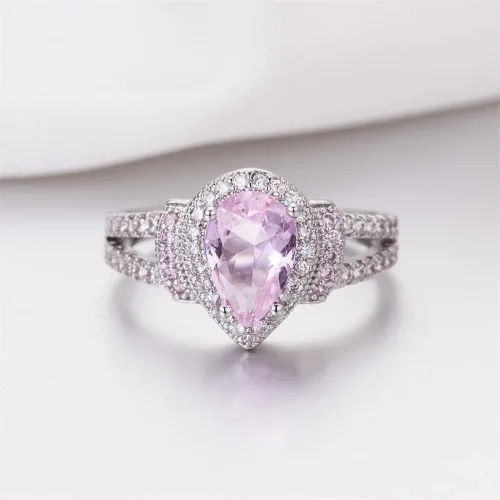 Miniatura 2 de Anillo de plata de ley 925 brillante con forma de gota de agua, circonita cúbica, anillo de diamante de corazón rosa para mujer, joyería