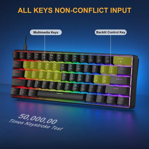 Miniatura 7 de BlueFinger Combo de teclado y mouse mecánicos para juegos 60% – Teclado RGB con retroiluminación arcoíris de 61 teclas con interruptor rojo y 4 DPI