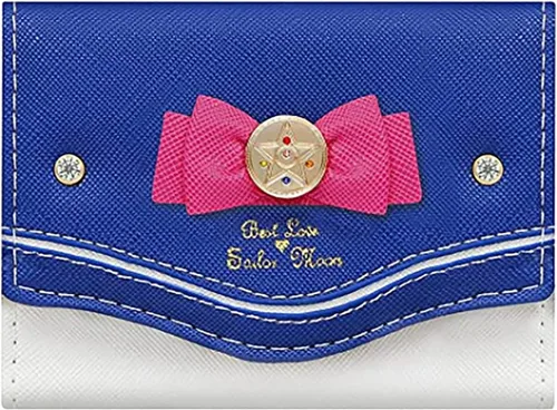 Sailor Moon - Cartera pequeña de piel sintética con lazo Kawaii Tsukino Usagi triple para tarjetas de crédito para niñas, Azul oscuro, Lindo
