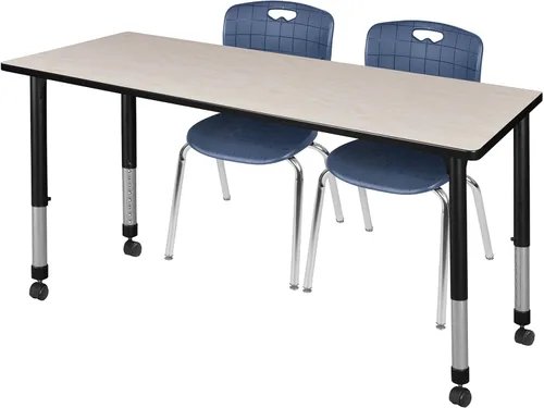Regency Kee - Juego de mesa móvil para aula ajustable en altura con dos sillas Andy de 18 pulgadas, 66 x 30 pulgadas, arce/azul marino