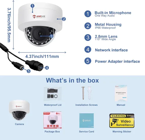 Miniatura 7 de Anpviz Cámara domo IP PoE de 4MP con micrófono/audio, cámara de seguridad IP para exteriores e interiores, visión nocturna de 98 pies, impermeable