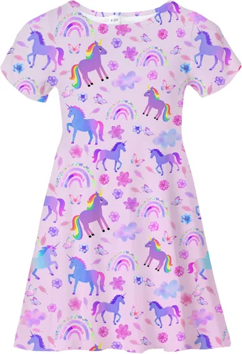 Miniatura 19 de Vestidos para niñas con estampado lindo, de manga corta, vestidos casuales de verano para niñas de 4 a 10 años