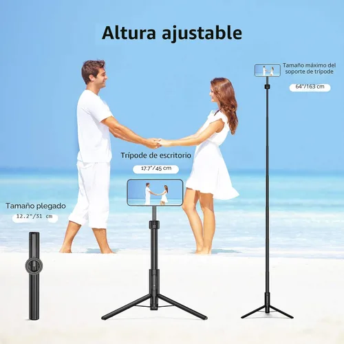 Miniatura 4 de SEAJIC Trípode magnético para teléfono con palo selfie de 64" para iPhone con control remoto y anillo de metal, trípode de viaje automático