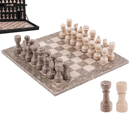 Miniatura 10 de Juego de ajedrez de mármol para adultos de 12 pulgadas, tablero hecho a mano negro y coral con 32 piezas de ajedrez, 2 reinas adicionales y caja