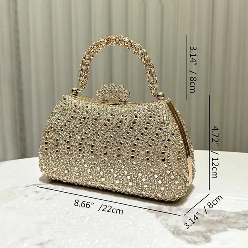 Miniatura 7 de Bolso de mano de noche con diamantes de imitación de cristal para mujer con cierre de corona de asa dorada, cadena desmontable formal para gala