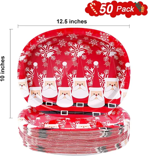 Miniatura 2 de 50 platos de papel ovalados de Navidad, platos desechables grandes de 10 x 12.5 pulgadas para decoración de mesa de vajilla de Navidad Rojo