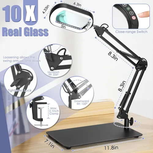 Miniatura 6 de Drdefi Lupa cuadrada de 10X con luz y soporte, lupa de cristal real iluminada con LED, 5 modos de color regulable continuo, lámpara de escritorio