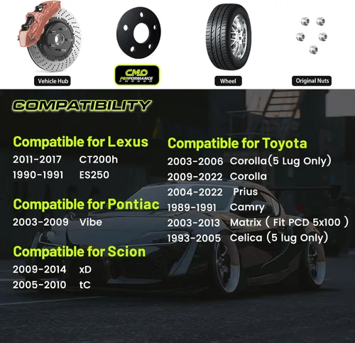 Miniatura 2 de Customadeonly Espaciadores de Ruedas Hubcentric Negros de 5mm (3/16") 5x100 Compatibles para Toyota Corolla Prius Camry Matrix Celica, Scion tC xD