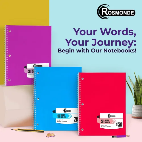 Miniatura 7 de Rosmonde Cuaderno de 3 materias con rayas anchas, paquete de 6, páginas adicionales, 300 páginas (150 hojas), papel grueso que no se corre, 3