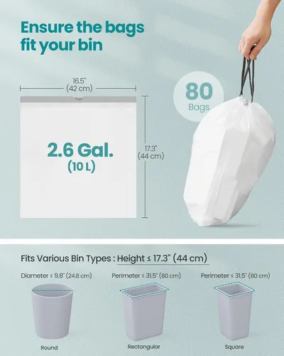 Miniatura 6 de SONGMICS Bolsas de basura para botes de basura de 2.6 galones (10 litros), bolsas de basura con cordón para cocina, preseparadas, caja