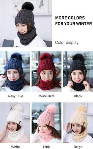 Miniatura 6 de IYEBRAO - Conjunto de gorro y bufanda de punto de invierno para mujer, lindo gorro de esquí con forro polar grueso, gorro de esquí cálido con pompón