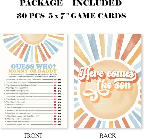 Miniatura 2 de Sunshine Fill In Baby Shower Juego de cartas – Here Comes The Son – Juego de mamá o papá para niños – Anuncio de bebé revelación de género ¿Adivina