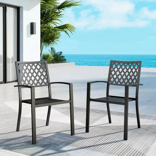 MFSTUDIO Juego de 2 sillas de patio, sillas de comedor de metal para exteriores, sillas de comedor apilables de hierro forjado negro para terraza,