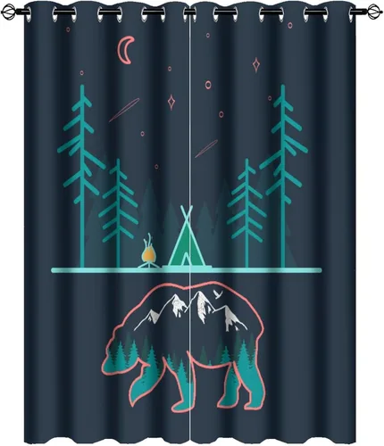 Miniatura 24 de Cortinas abstractas con estampado de cámper de caricaturas, divertido tema de aventura, campamento, montañas, vida silvestre, oso, tratamiento