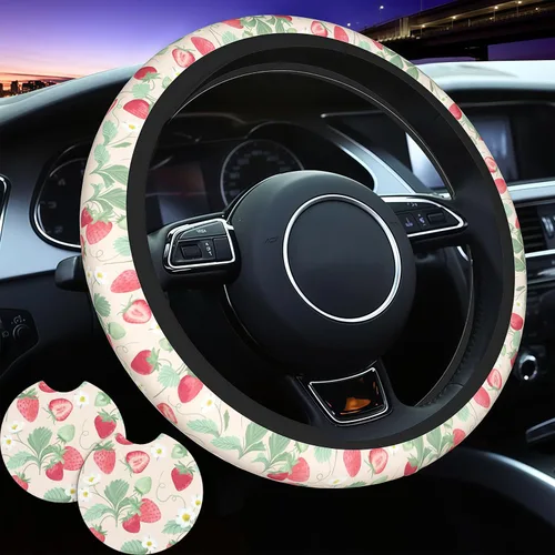Miniatura 14 de Funda para volante de automóvil de 15 pulgadas y 2 posavasos de automóvil a cuadros Funda de volante a cuadros color negro marrón antideslizante