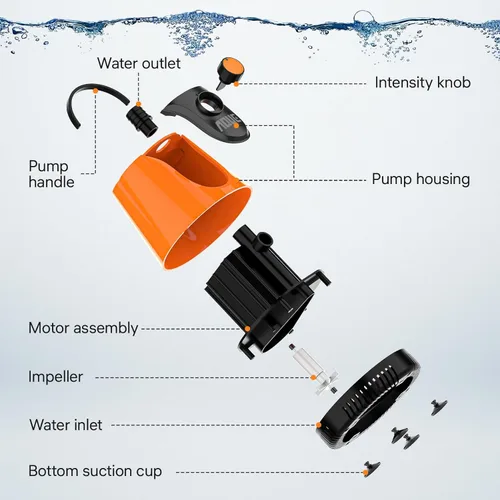 Miniatura 6 de AQUE Bomba sumergible de admisión de agua integral de 360°. Es adecuada para peceras, estanques, acuarios y sistemas hidropónicos. Viene con un