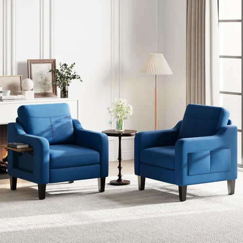 Miniatura 14 de Silla de acento para sala de estar, sillón moderno tapizado en lino, silla de sofá lateral de tela con estructura de madera con mesa plegable, 2