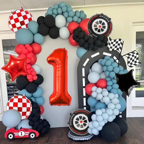 Miniatura 6 de Globos de auto de carreras para decoración de cumpleaños – Globos rojos de Mylar número 1 de 40 pulgadas – Globos rojos de aluminio rojo