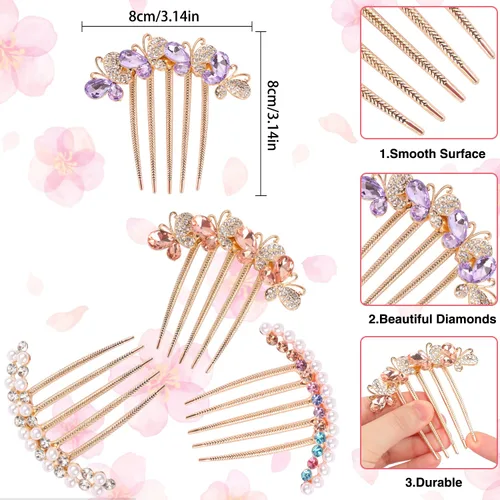 Miniatura 2 de Accesorios para el cabello con diamantes de imitación de perlas – Pinzas de horquilla de mariposa con cristales para moños updo, horquillas