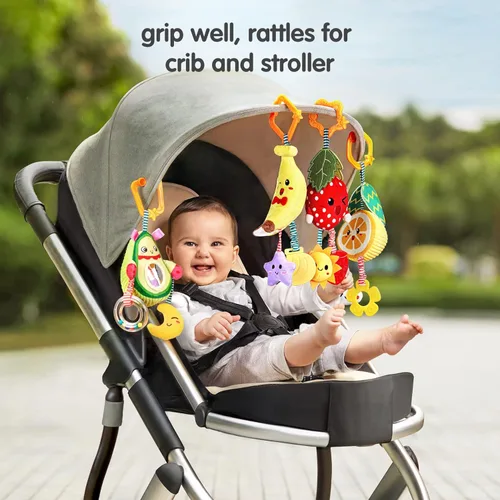 Miniatura 3 de TUMAMA Juguetes para bebés de 3, 6, 9, 12 meses, sonajeros colgantes de frutas, aguacate, plátano, naranja y fresa, juguetes móviles para cochecito