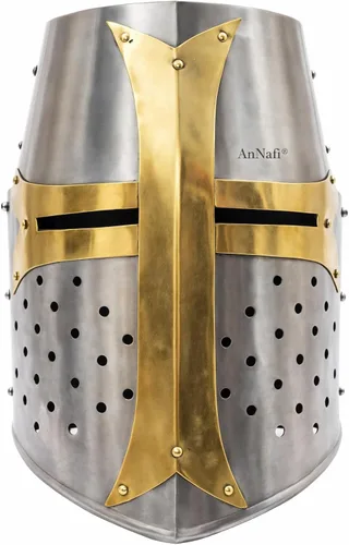 Casco cruzado de latón AnNafi | Cascos de caballero medieval de metal | CALIDAD PREMIUM con forro de CUERO ajustado | Casco de Cruzadas oscuro