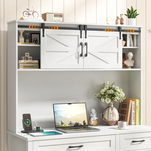 Miniatura 3 de Escritorio ejecutivo de granja de 67 pulgadas de alto con gabinete, mesa de oficina con luz LED y 4 cajones, escritorio para computadora