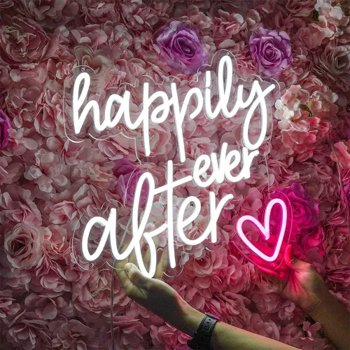 Letrero de neón con texto en inglés "Happily Ever After", decoración de boda, decoración de habitación, decoración de fiesta, color blanco y rosa