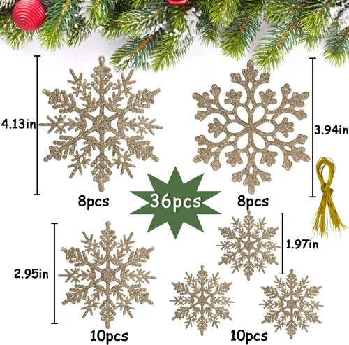 Miniatura 3 de Decoraciones para árbol de Navidad, adornos de copo de nieve, 36 piezas de copos de nieve colgantes de plástico con purpurina azul y plateado