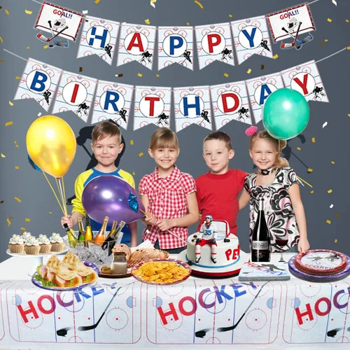 Miniatura 4 de Decoraciones de fiesta de hockey – Suministros para fiestas temáticas de hockey sobre hielo, incluyendo platos llanos de 9 pulgadas, platos