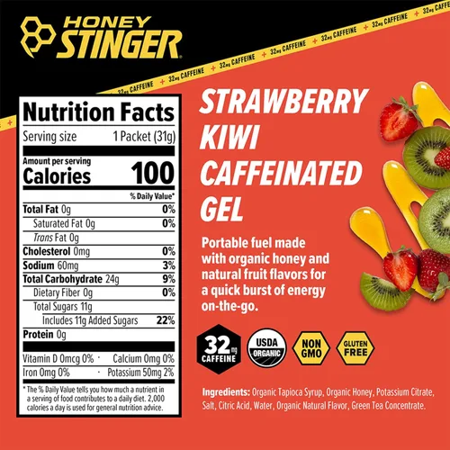 Miniatura 3 de Gel de energía de fresa y kiwi orgánico de Honey Stinger, con cafeína y sin gluten con miel orgánica, para ejercicio, running y rendimiento