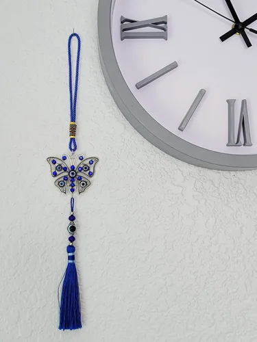 Miniatura 4 de LUCKBOOSTIUM Dijes de mariposa con diseño de ojo turco central en piedra de cristal azul con borlas para buena suerte, protección y bienestar