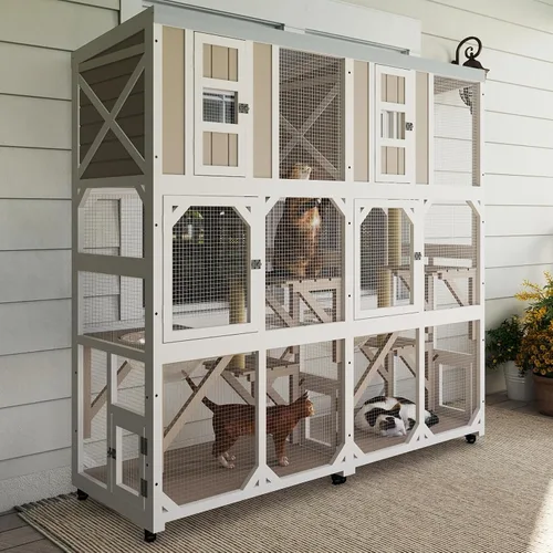 Miniatura 9 de Ketive Catio grande de madera para exteriores de 64", casa para gatos de ventana con ruedas y 3 plataformas, jaula para gatitos con techo resistente