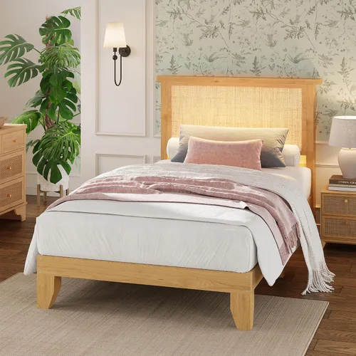 Miniatura 5 de coucheta Base de cama de ratán individual con cabecera de ratán natural, marco de cama individual con luces LED, cama con cabecero, patas de cama