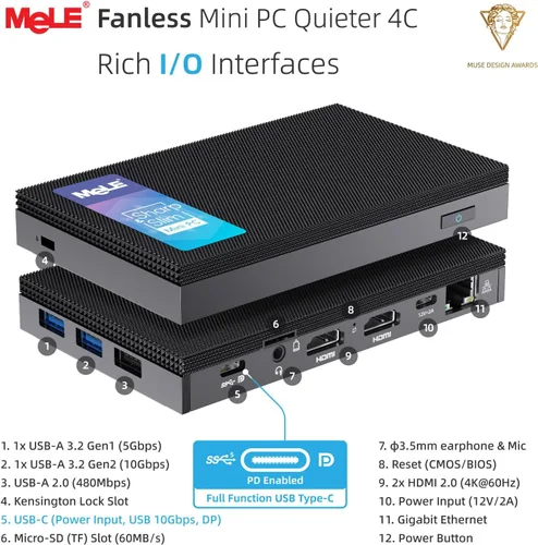 Miniatura 4 de MeLE Mini PC Quieter 4C N150 sin ventilador (Beat N100, N97), 16 GB 512 GB Mini computadora de escritorio, USB C totalmente funcional, Wi-Fi 2.4/5G