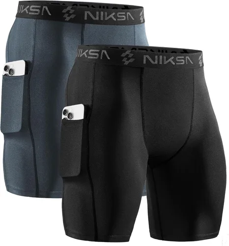Miniatura 21 de Niksa Paquete de 2/4 pantalones cortos de compresión para hombre con bolsillo, pantalones cortos de elastano para correr, deportes, atletismo