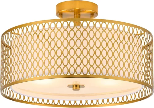 Miniatura 10 de Lámpara de techo semiempotrada de 17 pulgadas, moderna iluminación de techo E26 de doble tambor de 3 luces con jaula de malla de hierro negro mate