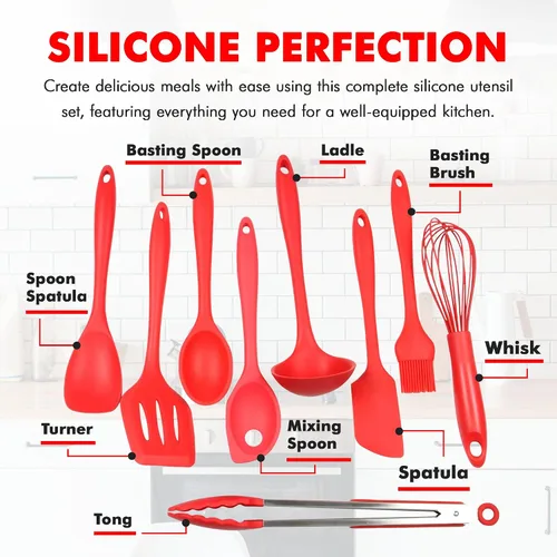Miniatura 4 de Chef Craft - Juego de utensilios de cocina de silicona premium, 9 piezas, color rojo