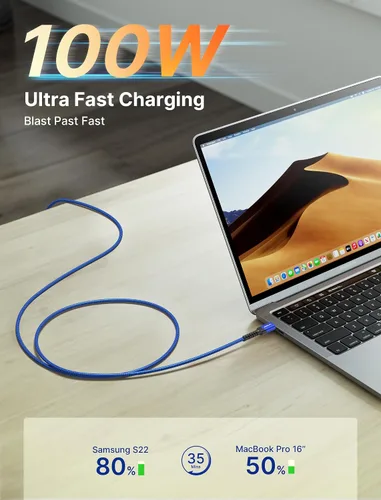 Miniatura 5 de JSAUX Paquete de 3 cables USB C a USB C de 100 W [6.6 pies+6.6 pies+6.6 pies] compatible con iPhone 17 Air 16 15 Pro Max Samsung Galaxy S25 S24 Azul