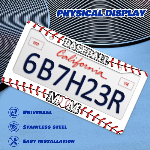 Miniatura 3 de Marco de Matrícula de Mamá de Béisbol con Textura de Pelota, Marcos de Matrícula Personalizables de Acero Inoxidable, Diseño Divertido Compatible