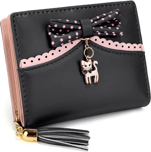 UTO Cartera para niñas de piel sintética con colgante de gato con borla y cremallera, organizador de tarjetas para mujer, pequeño y lindo monedero
