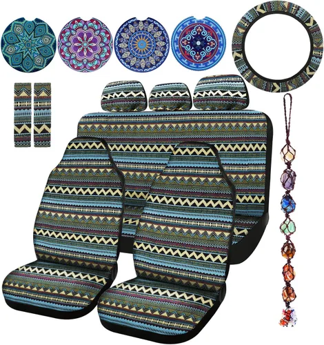 Frienda 14 piezas de fundas para asientos de coche, juego completo multicolor con estampado de rayas estilo boho, funda para volante, funda para