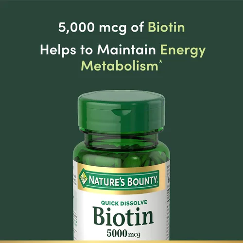 Miniatura 3 de Nature's Bounty Biotina, apoya el metabolismo para la energía celular y cabello, piel y uñas saludables, 5000 mcg, 60 tabletas de disolución rápida